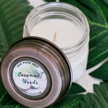 Load image into Gallery viewer, Coconut Woods 4oz Mason Jar Soy Candles